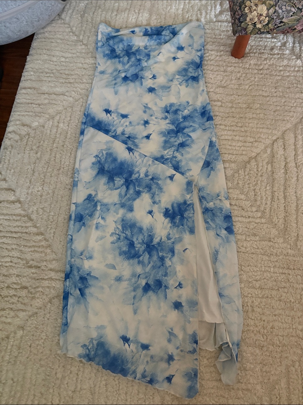 Caution To The Wind Blue and White Strapless Floral Midi Dress